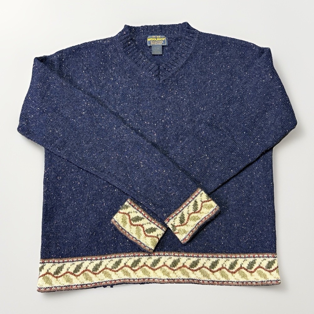 Vintage Woolrich V Neck Sweater 100% Wool Blue Size Med Women's Floral Leaf